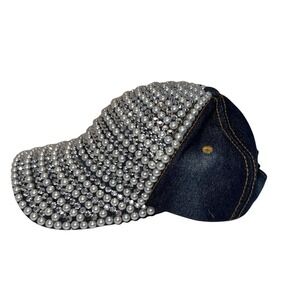 29 Palms Womans Faux Pearls & Rhinestone‎ Blue Jean Leather Adjustable Cap Hat